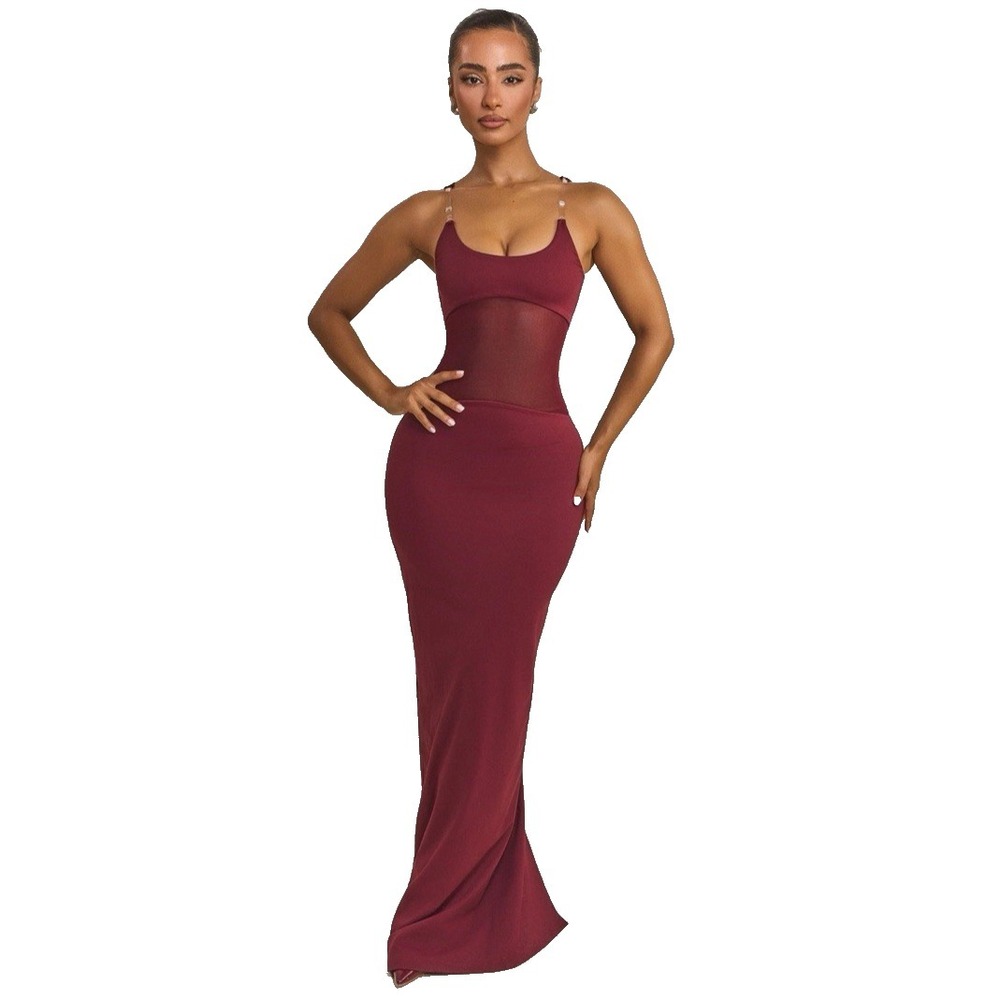 Mars The Label Burgundy Mesh Drop Waist Maxi Dress NWT Slinky Bodycon Wine Sz 12
